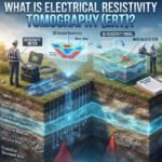 Square 3D infographic explaining Electrical Resistivity Tomography (ERT) principles, field setup, and subsurface modeling.