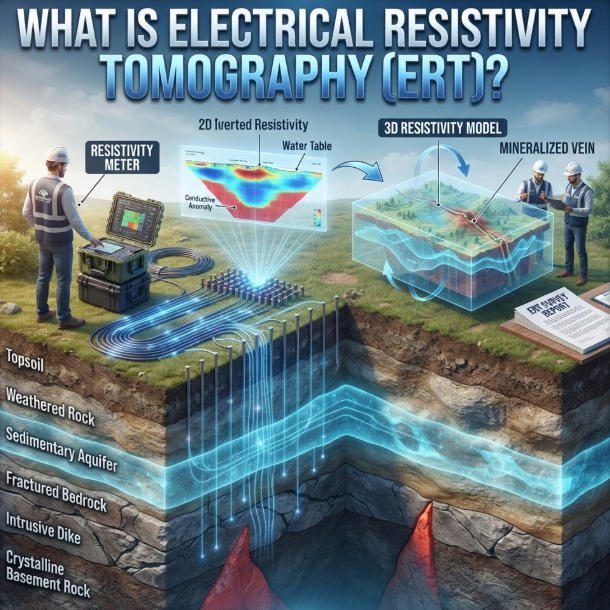 Square 3D infographic explaining Electrical Resistivity Tomography (ERT) principles, field setup, and subsurface modeling.