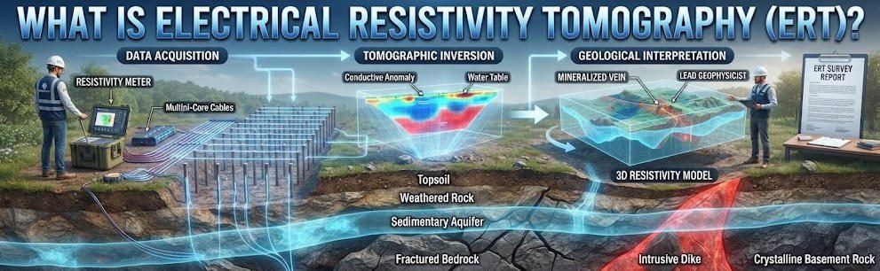 Panoramic 3D infographic illustrating Electrical Resistivity Tomography (ERT) workflow, field equipment, subsurface strata, and inversion models.