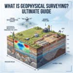3D square technical banner (1:1) titled 'WHAT IS GEOPHYSICAL SURVEYING? ULTIMATE GUIDE'. Displays multiple integrated survey methods including electrical resistivity tomography, seismic profiling, UAV magnetometers, and a cutaway subsurface geological model.