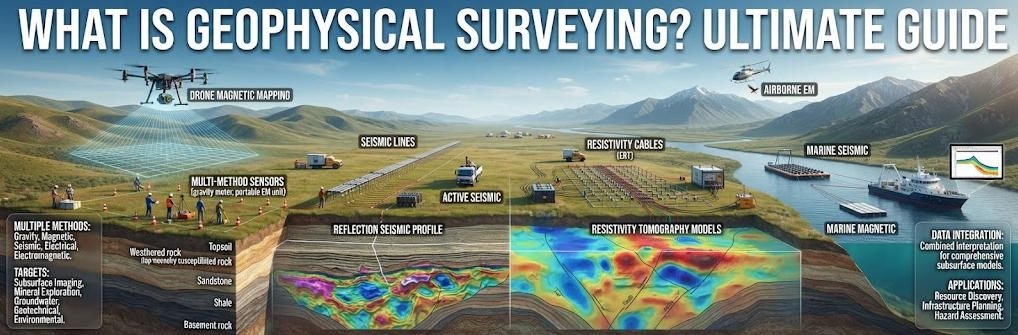 Panoramic 3D technical banner (3:1) titled 'WHAT IS GEOPHYSICAL SURVEYING? ULTIMATE GUIDE'. Features a comprehensive field survey landscape with drone magnetometers, seismic lines, resistivity cables, and detailed subsurface 3D inversion models.