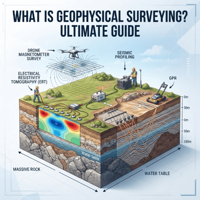 3D square technical banner (1:1) titled 'WHAT IS GEOPHYSICAL SURVEYING? ULTIMATE GUIDE'. Displays multiple integrated survey methods including electrical resistivity tomography, seismic profiling, UAV magnetometers, and a cutaway subsurface geological model.
