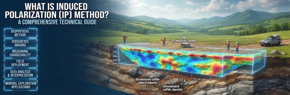 3D technical banner illustrating Induced Polarization (IP) geophysical method for mineral exploration, showing field setup with electrodes, GDD IP receiver, and 3D subsurface chargeability model.