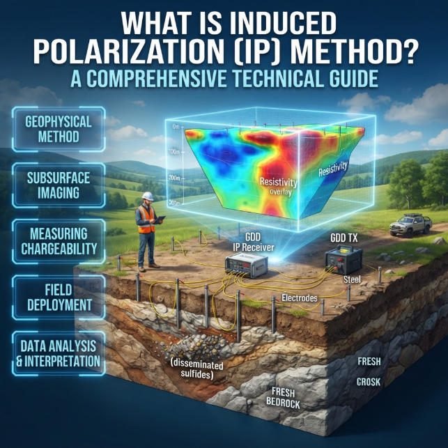 Panoramic 3D technical banner (3:1) of IP method, detailing subsurface chargeability and resistivity data visualization across a wide geological cross-section with multiple field operators and equipment.