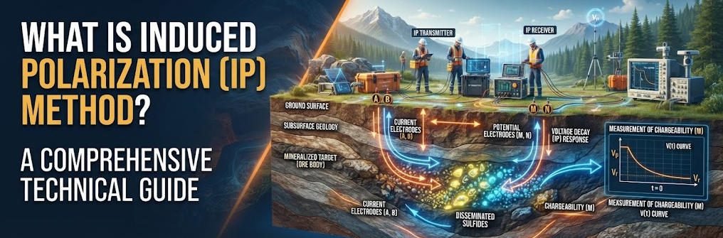 A 3D rendered widescreen banner with a 3:1 aspect ratio, featuring the title "WHAT IS INDUCED POLARIZATION (IP) METHOD? A COMPREHENSIVE TECHNICAL GUIDE" on the left. The right side illustrates a 3D geological survey cross-section with field crew members, IP transmitters and receivers, surface electrodes, current injection pathways, a mineralized ore body with disseminated sulfides, and a voltage decay response graph.