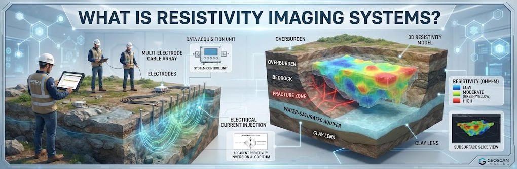 Technical wide banner illustrating the process of electrical resistivity imaging for subsurface investigation, featuring a field crew, electrode array, and a 3D geological heatmap.