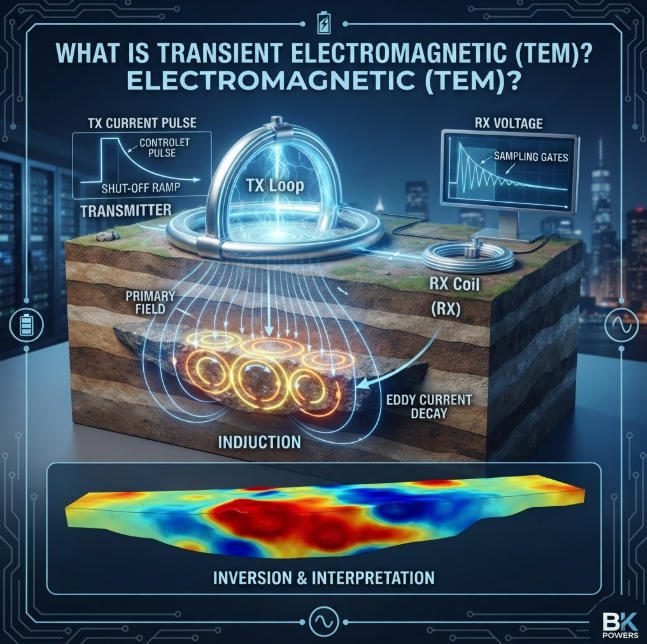 Drone-based Electromagnetic (EM) survey method illustration showing rapid aerial subsurface conductivity mapping.