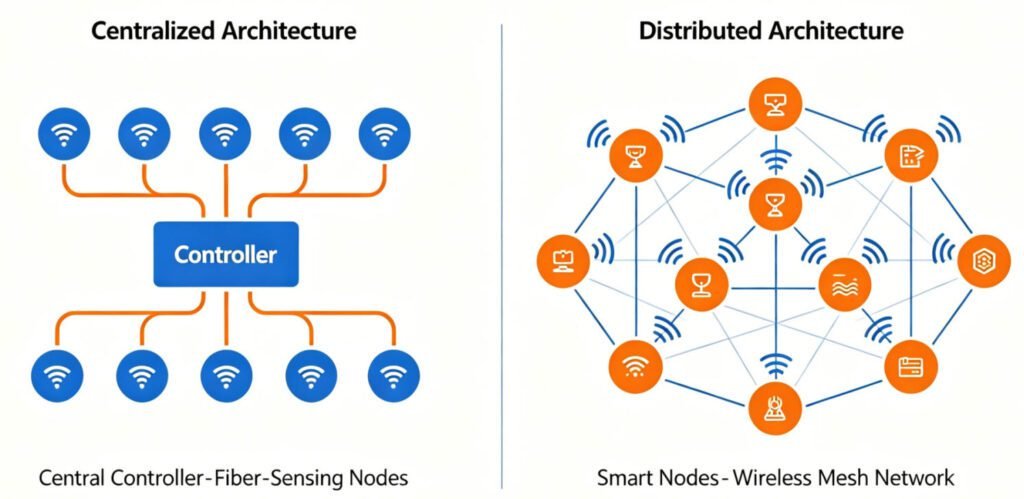 Comparison of technical architecture diagrams for centralized and distributed high-density electrical methods used in resistivity tomography measurements.