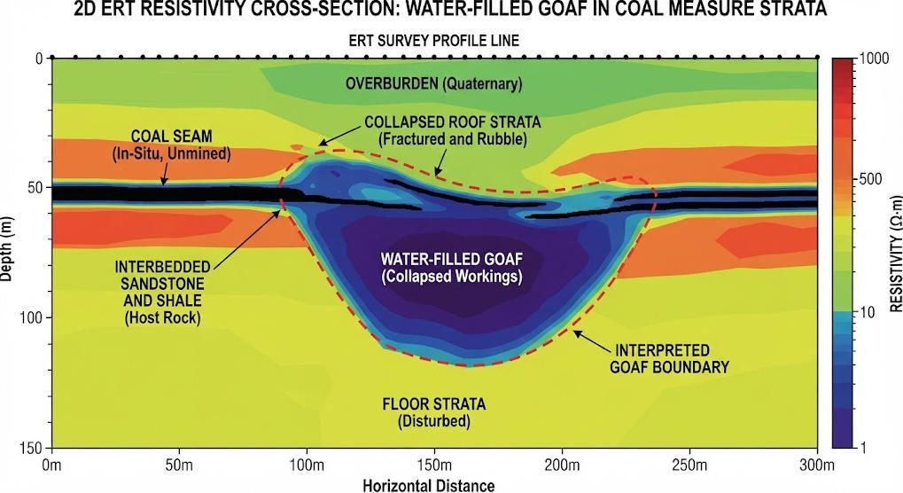 Coal mine goaf detection ERT resistivity profile example