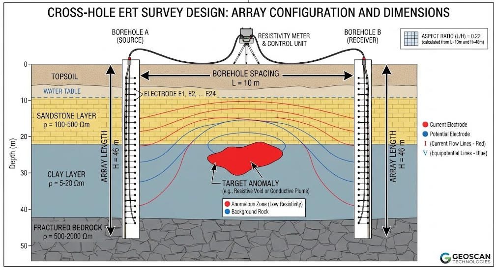Cross-hole ERT survey design showing optimal borehole spacing at 0.75 times electrode array length
