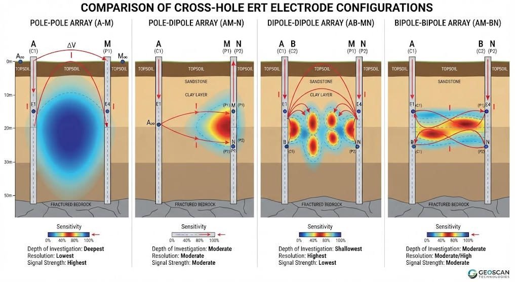 Comparison of four cross-hole ERT electrode arrays: pole-pole, pole-dipole, dipole-dipole AB-MN, and bipole-bipole AM-BN configurations