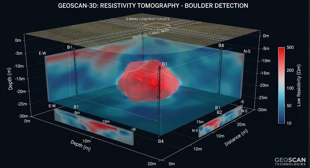 3D cross-hole ERT inversion result showing high-resistivity boulder detection in subway construction