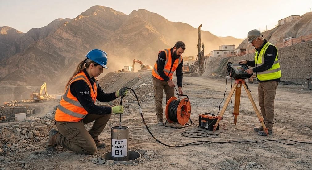 Field crew deploying multi-channel resistivity meter and borehole electrode array for cross-hole ERT survey
