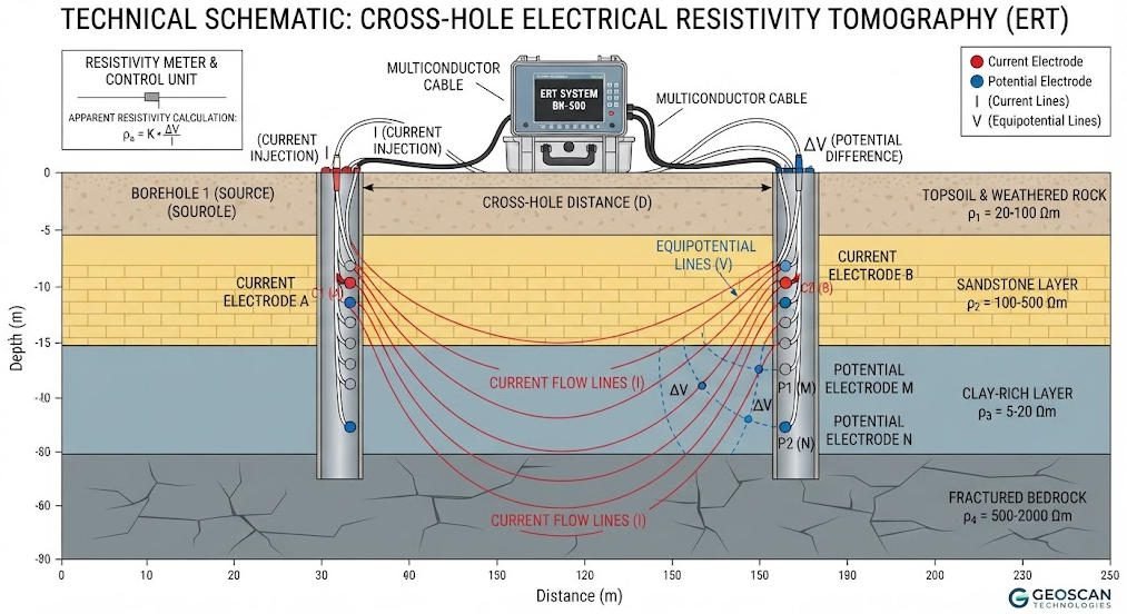 Cross-hole ERT electrode configuration showing current and potential electrodes in two boreholes with current flow lines between them