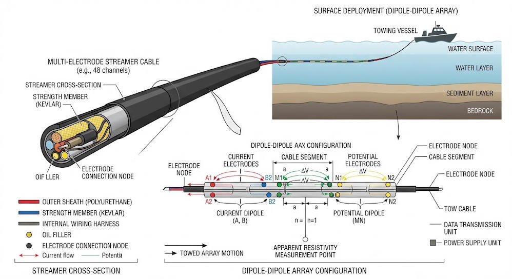 CRP electrode streamer configuration diagram with current and potential electrodes