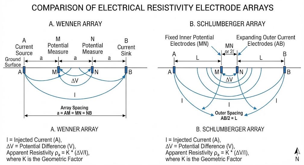 Diagram showing Wenner and Schlumberger electrode array configurations for DC resistivity sounding surveys