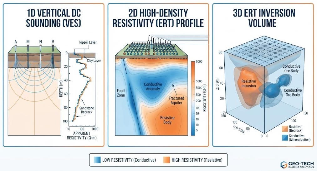 Technical diagram comparing DC resistivity sounding 1D profile, high-density 2D cross-section, and ERT 3D volume imaging