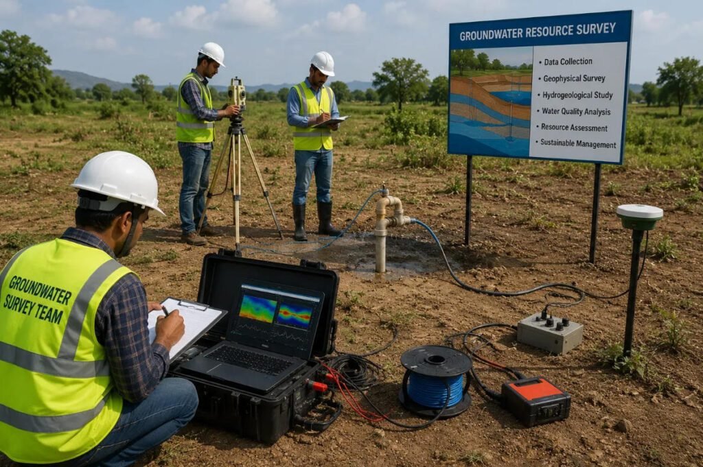 Field crew conducting electrical resistivity survey for groundwater exploration in rural terrain with multi-electrode array and resistivity meter