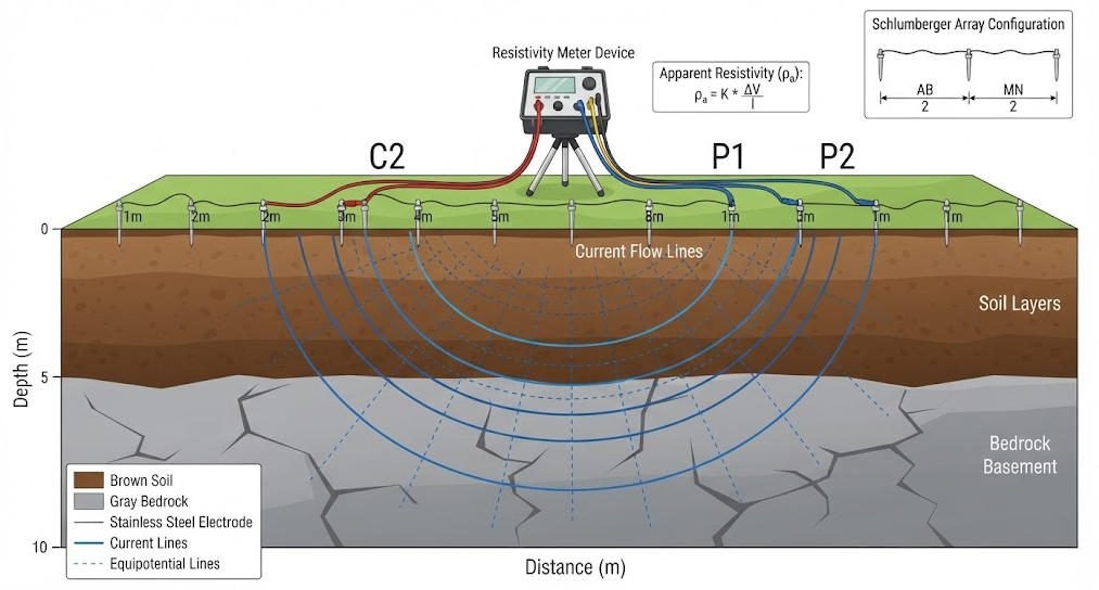 Electrical resistivity survey principle diagram showing current electrodes, potential electrodes, and subsurface current flow paths for geophysical exploration