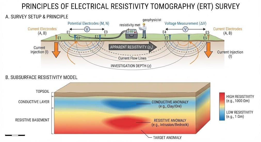 Diagram showing electrical resistivity tomography ERT principle with current electrodes, potential electrodes and subsurface resistivity distribution