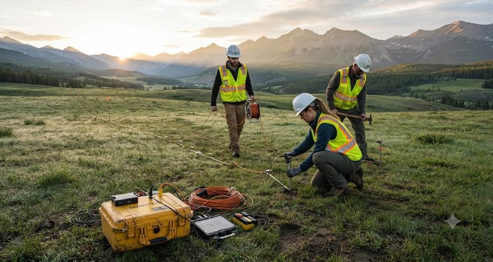 Field crew deploying Geotech electrical resistivity tomography system with multi-electrode array for subsurface imaging