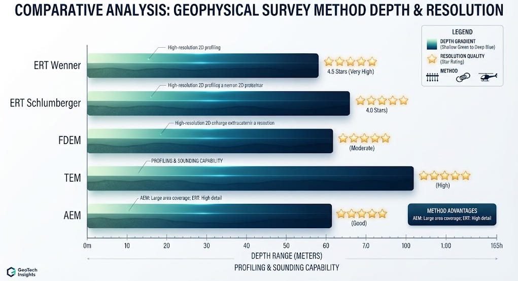 Data visualization chart comparing electrical resistivity survey and electromagnetic geophysical survey depth penetration and resolution capabilities