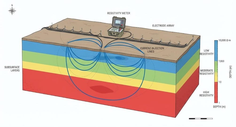 Electrical resistivity tomography ERT field principle diagram showing electrodes, current injection and subsurface resistivity distribution for geophysical survey