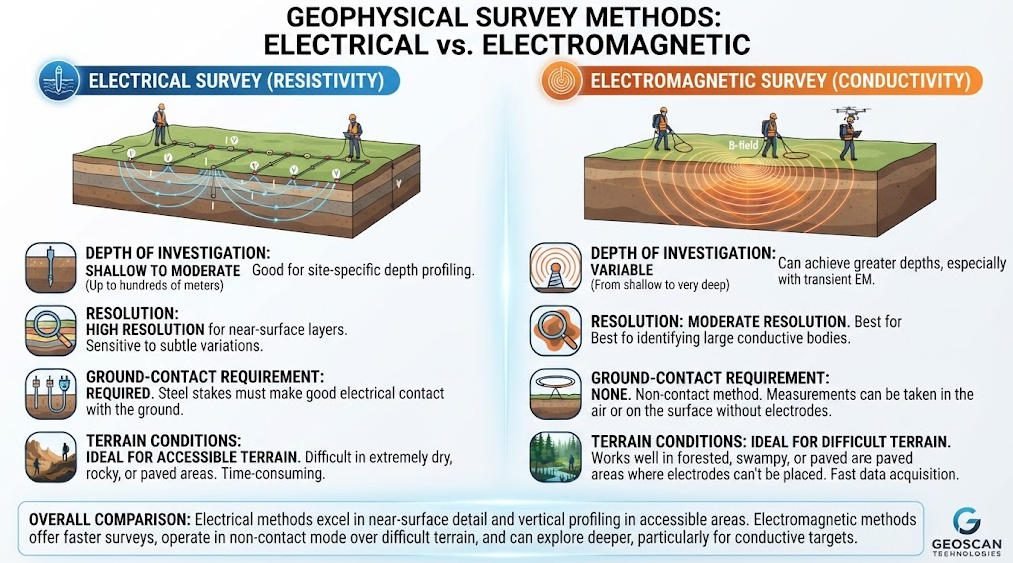 Electrical versus electromagnetic geophysical survey comparison infographic, showing pros‑cons, depth, resolution, surface‑condition suitability for geophysicists