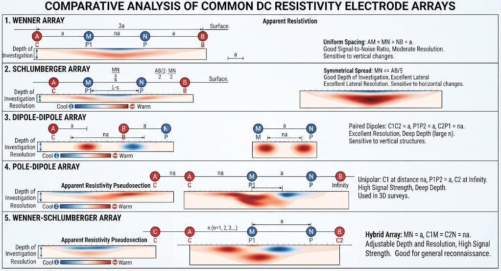 Comparison of Wenner, Schlumberger, dipole-dipole, pole-dipole, and Wenner-Schlumberger electrode configurations