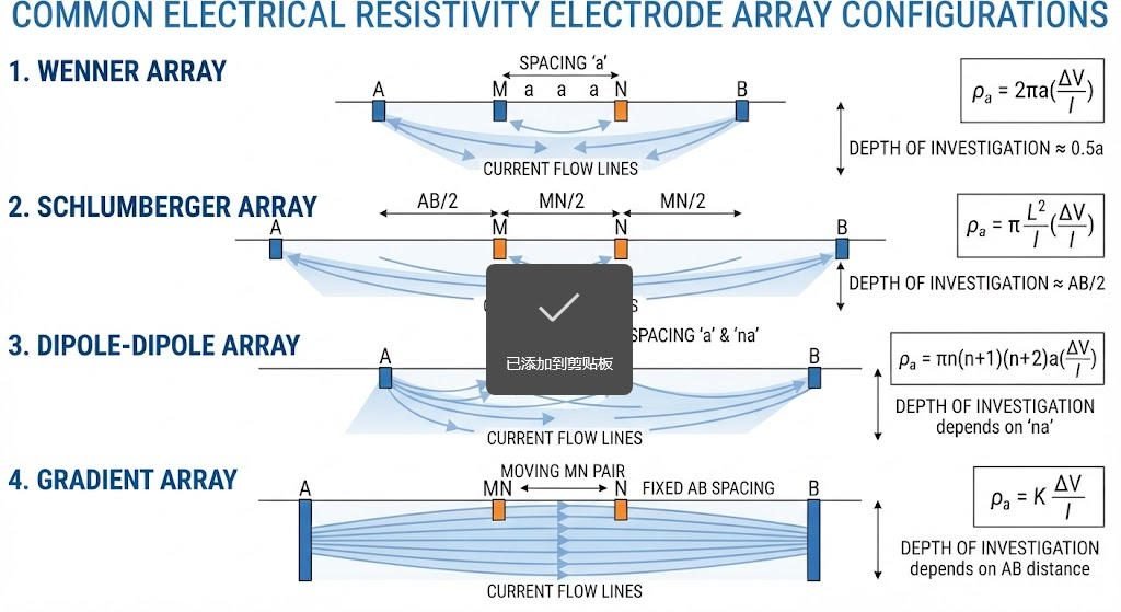 Electrode array configurations for ERT surveys including Wenner and dipole-dipole arrays