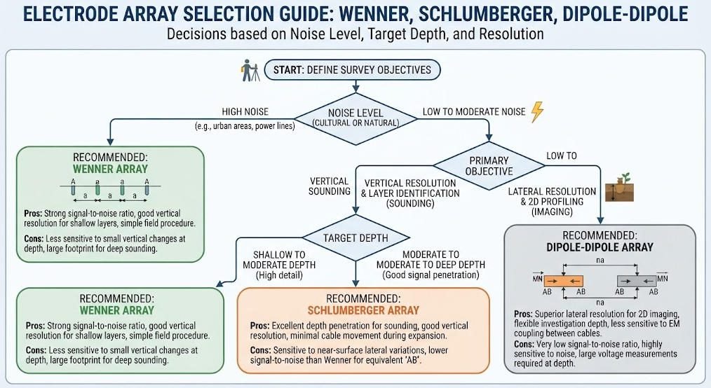 Electrode array selection guide for resistivity surveys