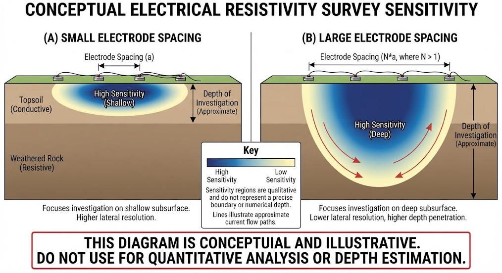 Conceptual illustration of how electrode spacing and array geometry influence subsurface sensitivity