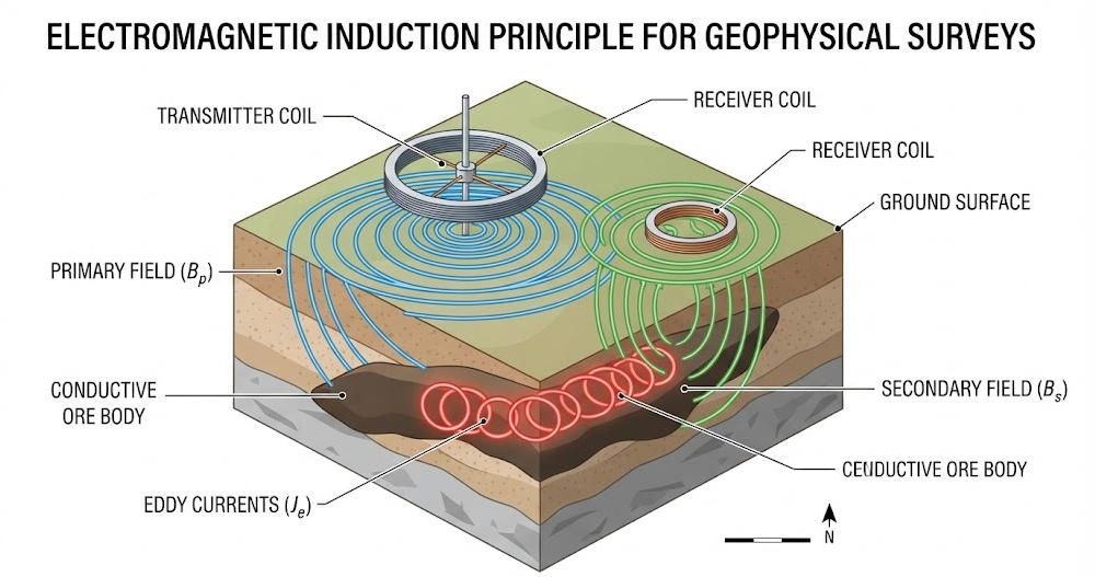 Electromagnetic geophysical survey infographic displaying transmitter coil, primary magnetic field, eddy currents in conductive ore body, and secondary field detection