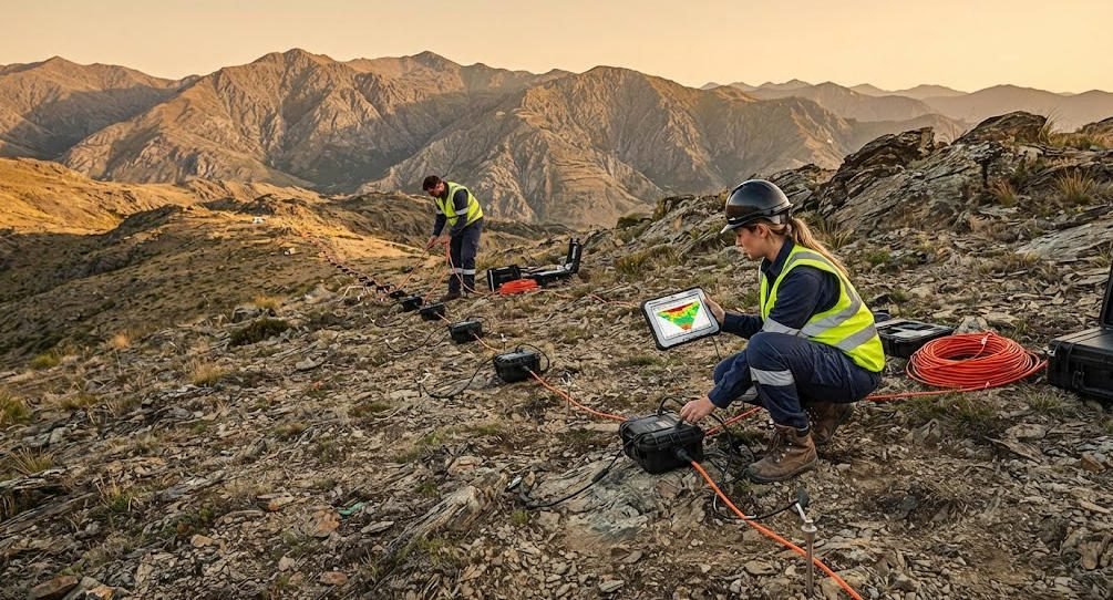 Field crew deploying wireless IP68 ERT nodes for 3D electrical resistivity tomography survey in rugged terrain
