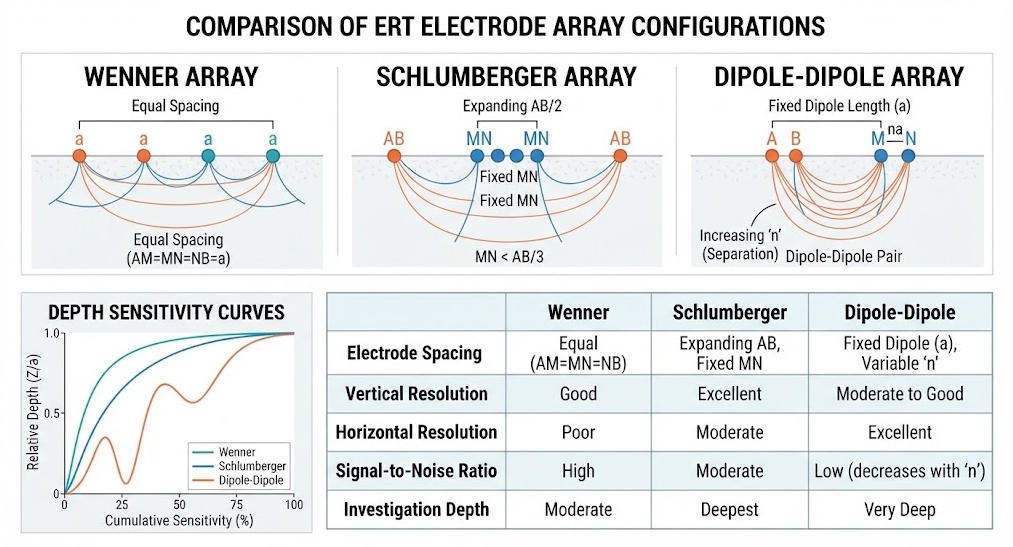 Comparison of Wenner, Schlumberger, and dipole-dipole electrode arrays for electrical resistivity tomography surveys