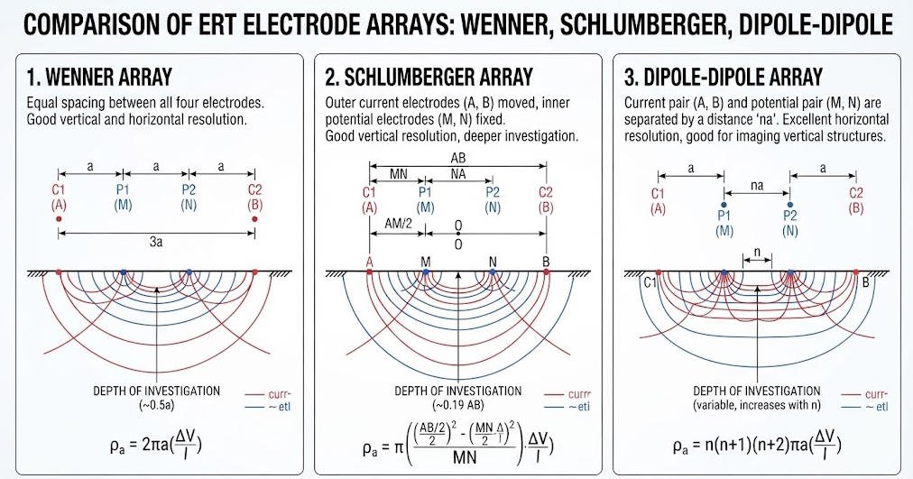 Comparison of Wenner, Schlumberger, and dipole-dipole electrode arrays for ERT surveys