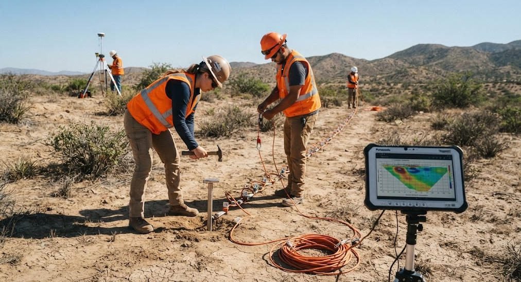 Field crew setting up multi-electrode array for ERT survey with GPS positioning