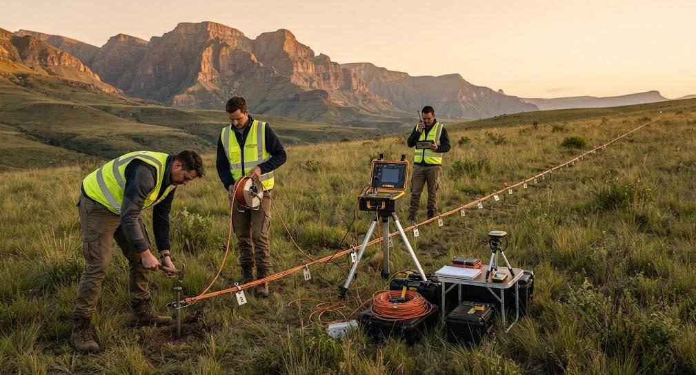 ERT geophysical survey field crew deploying multi-electrode cable array for subsurface resistivity imaging in rugged terrain