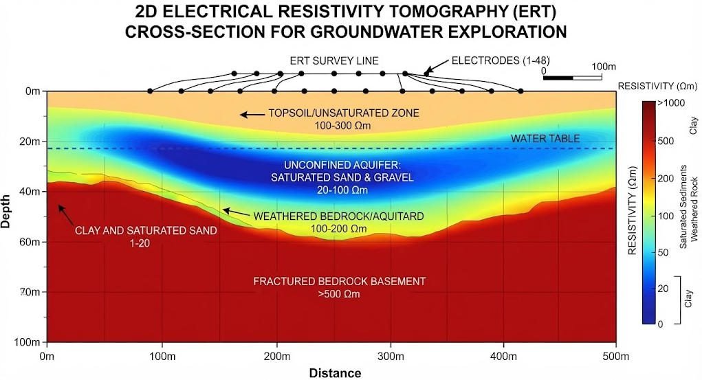 2D ERT resistivity cross-section showing freshwater aquifer, clay layer, and bedrock with color-coded resistivity values for hydrogeological interpretation