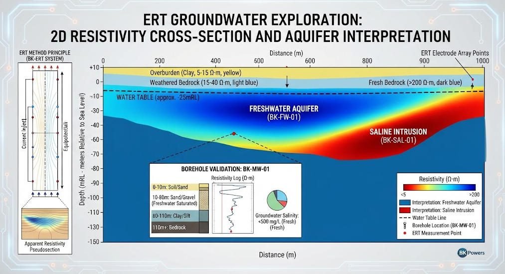 ERT survey results showing freshwater aquifer and saline intrusion boundary