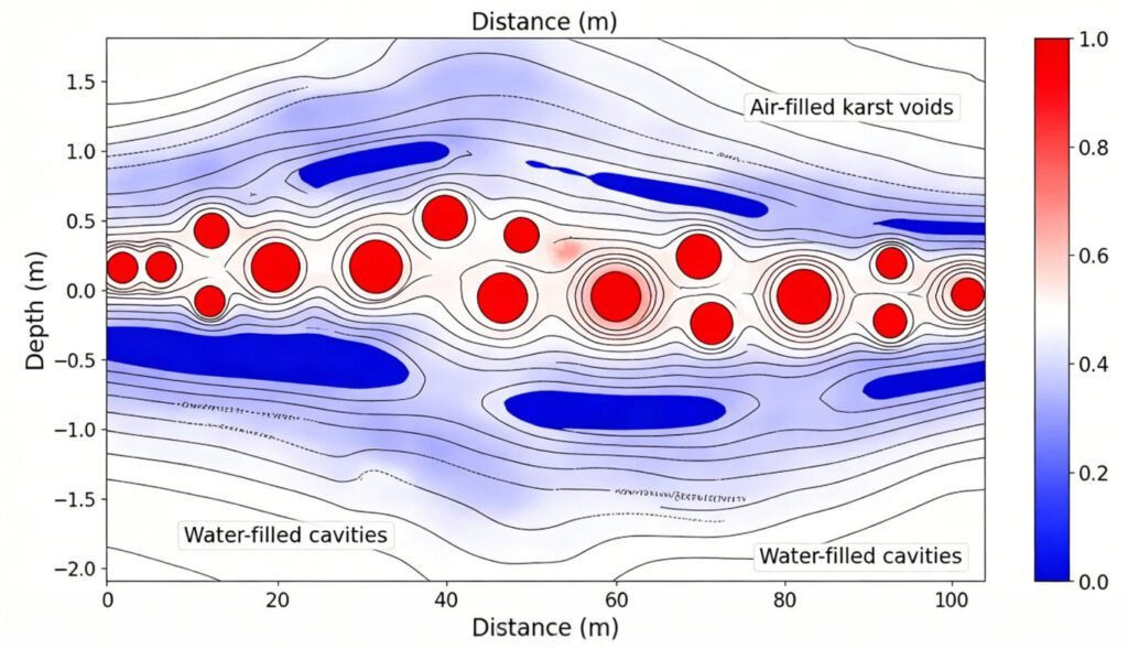 2D resistivity inversion cross-section showing high-resistivity air-filled karst voids and low-resistivity water-filled cavities in limestone terrain