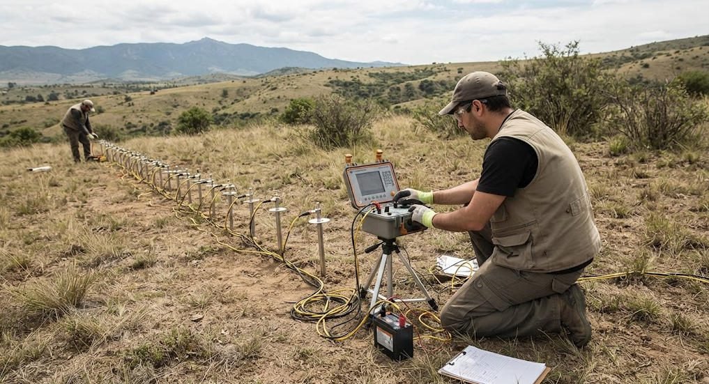 Multi-electrode ERT field survey with connected electrodes, cables, and a resistivity acquisition instrument