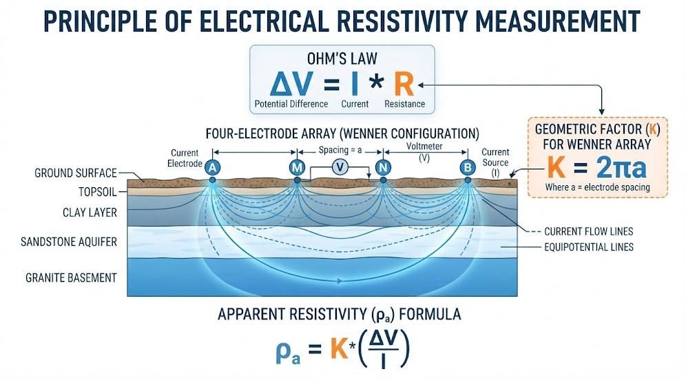 Technical diagram illustrating Ohm's Law application in ERT and apparent resistivity calculation with geometric factor