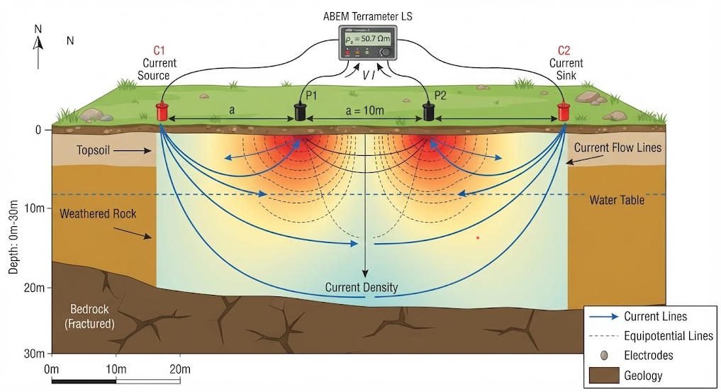Diagram showing ERT electrode array with current and potential electrodes, Ohm's law circuit, and geometric factor formula for subsurface resistivity measurement