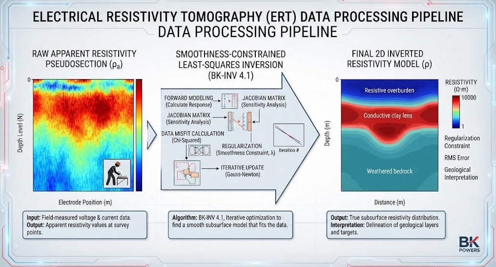 ERT data processing workflow from pseudosection to inverted resistivity cross-section