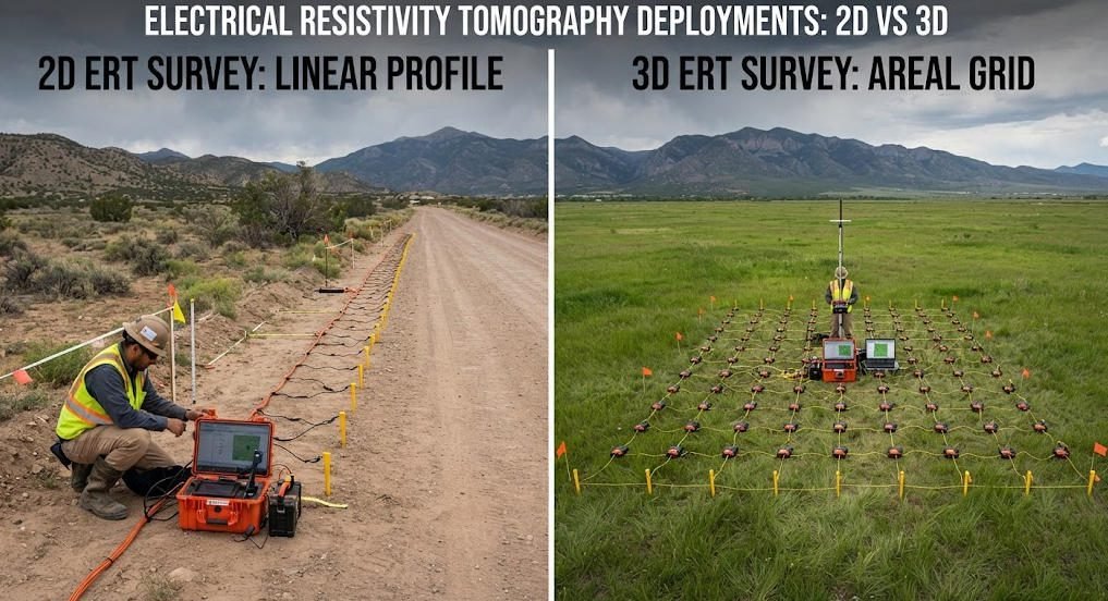Geophysical crew deploying 2D and 3D ERT survey electrodes in mountainous terrain
