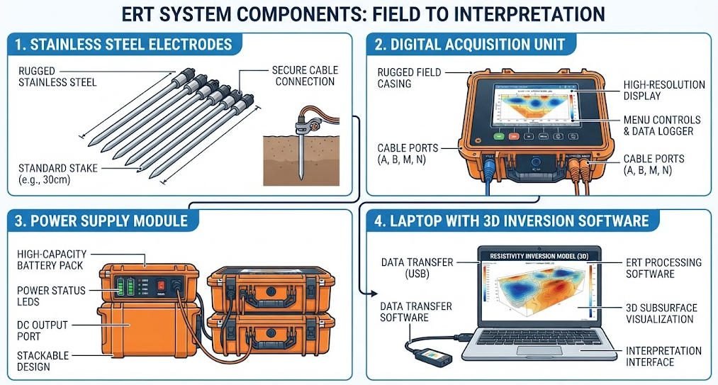 Diagram showing four core components of ERT system: electrode array, data acquisition unit, power supply and analysis software