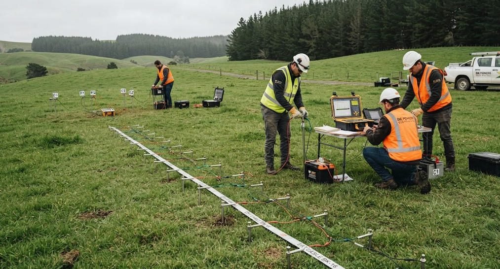 Field setup showing integrated ERT and VES geophysical survey configuration