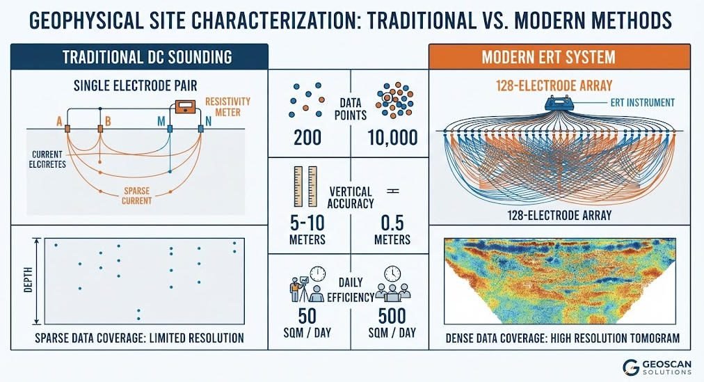 Comparison table of ERT geophysical survey advantages over traditional DC resistivity sounding methods