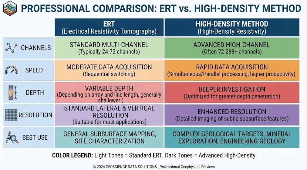 Comparison table showing differences between ERT electrical resistivity tomography and high-density resistivity method